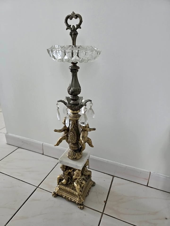 Vintage Ornate Pedestal Ashtray – Brass, Crystal & Marble