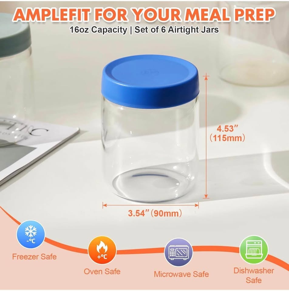 6 Pack 16oz Borosilicate Glass Jars w/ Airtight Lids - photo 2