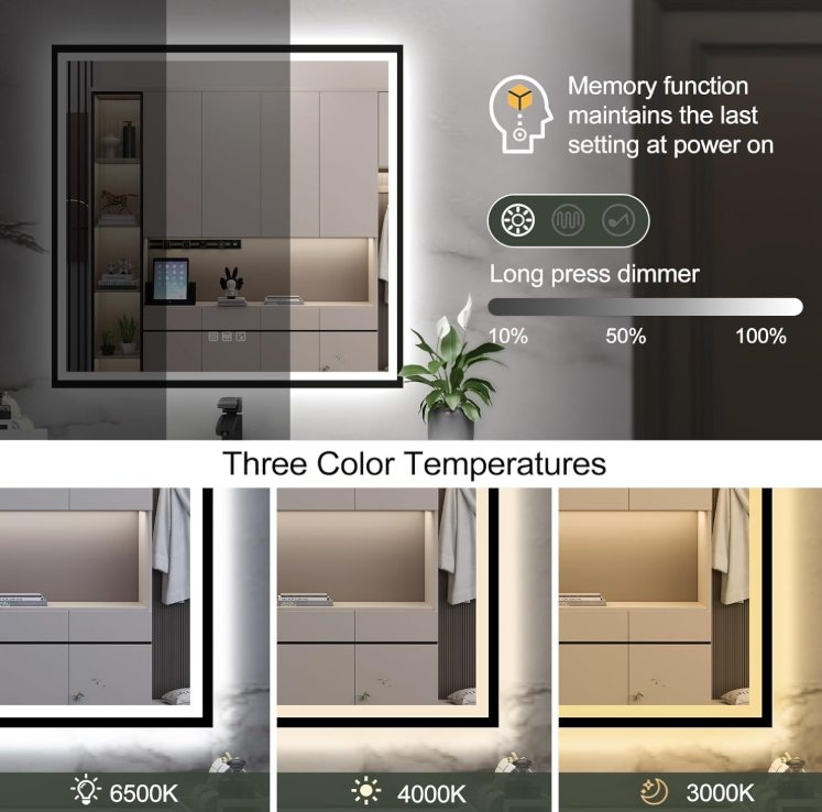LED Bathroom Mirror, Bluetooth, Anti-Fog, Dimmable, 3 Colors - photo 3