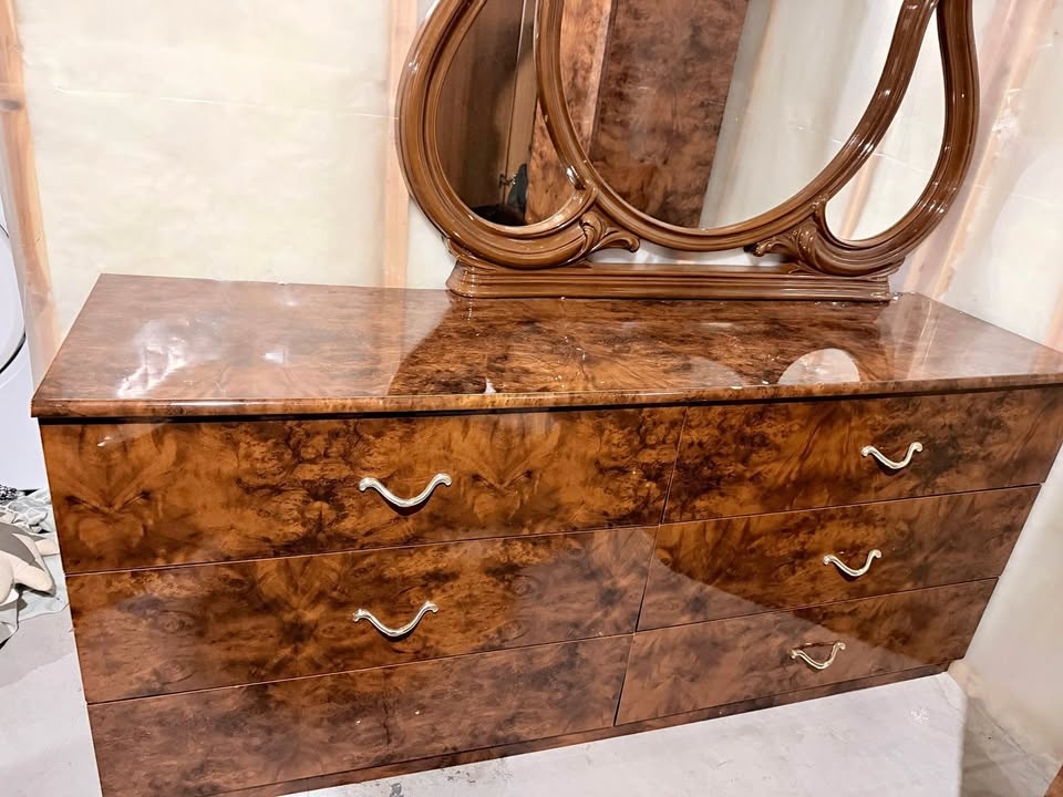 Glossy Burlwood Dresser with Matching Mirror
