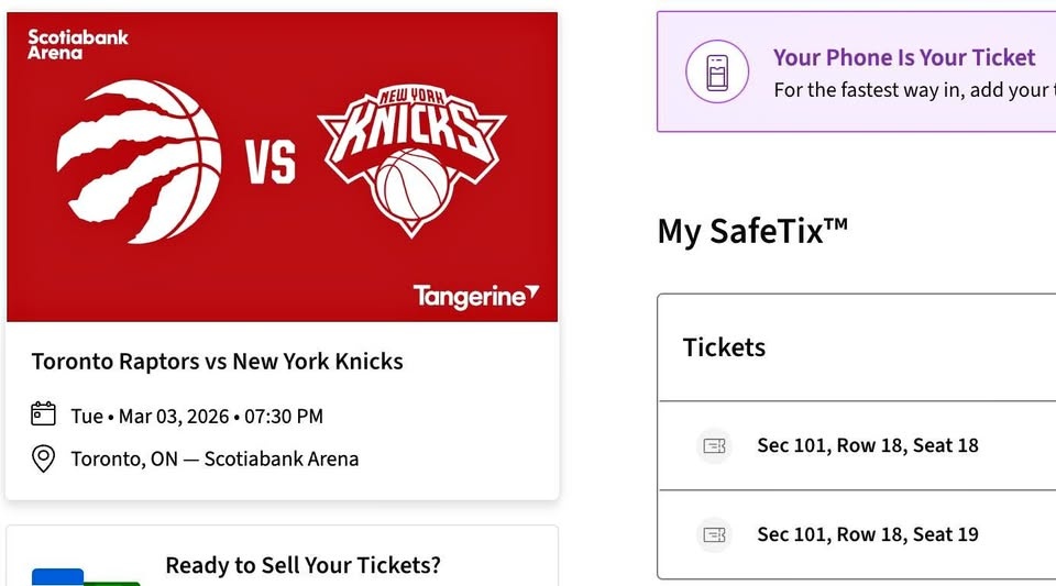 Raptors vs. Knicks - March 3 - Sec 101, Row 18, Seats 18-19