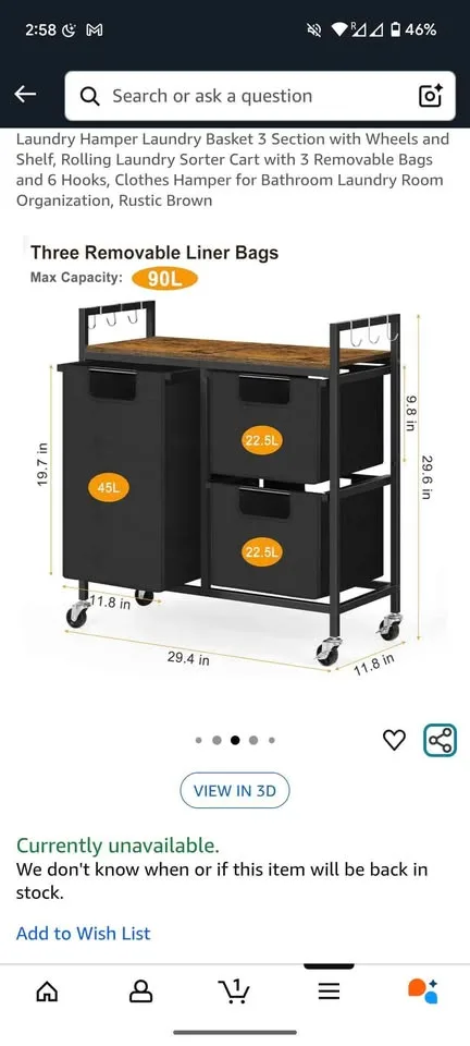 3 Section Laundry Hamper with Shelf and wheels image indicator(2)