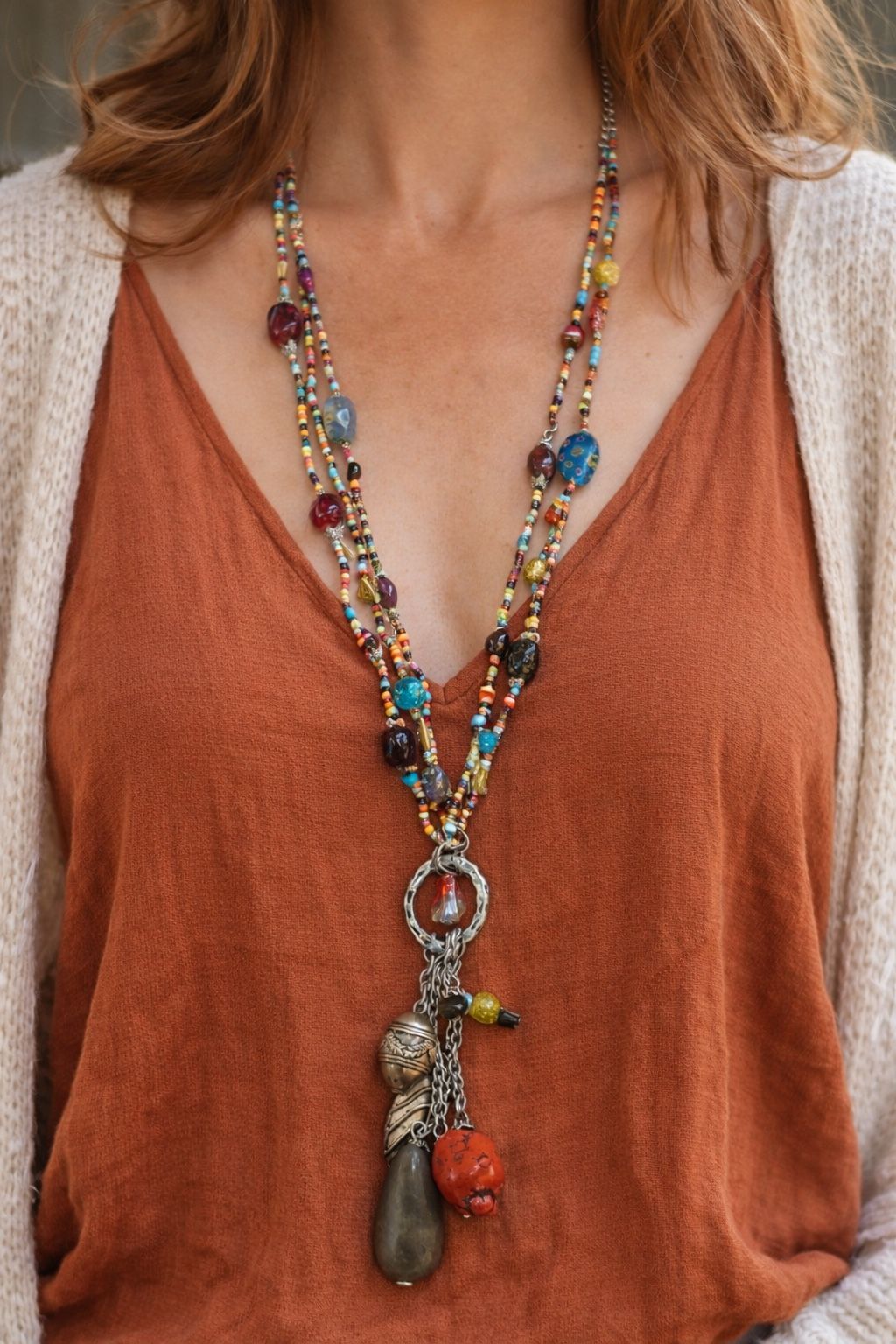 Handmade Boho Multi-Strand Beaded Statement Necklace