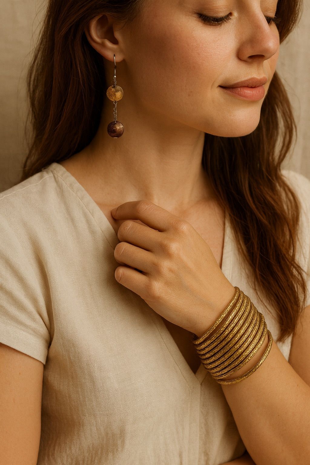 Boho Gold Bangle Stack & Earth-Tone Dangle Earrings Set - photo 4