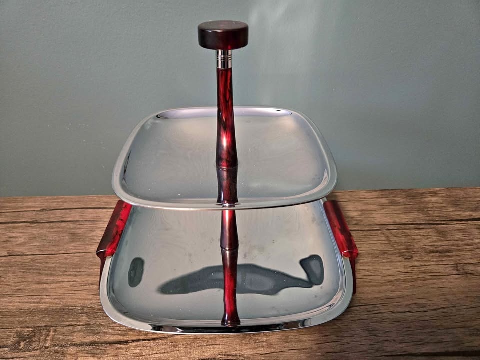 Vintage MCM 2 Tier Serving Tray with Red Bakelite Handles