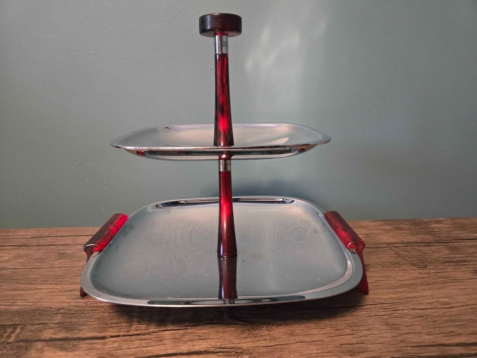 Vintage MCM 2 Tier Serving Tray with Red Bakelite Handles - photo 2