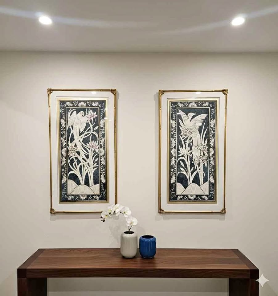 Set of 2 Gold Framed Bird & Floral Wall Art