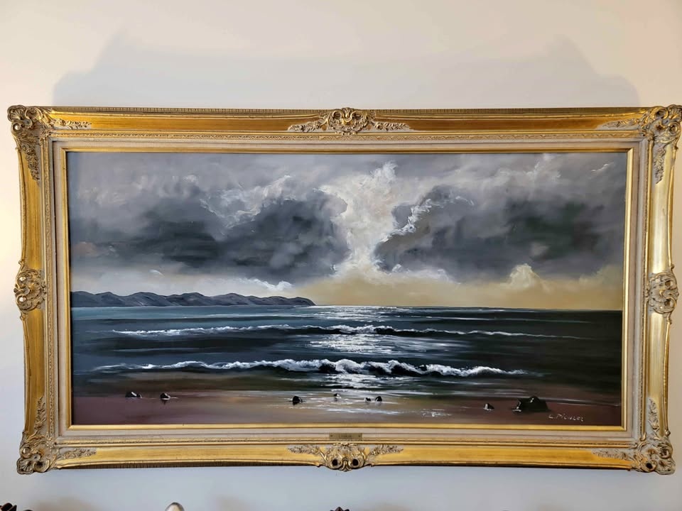Vintage L. Pichler Seascape – Large Original Oil Painting in Orn