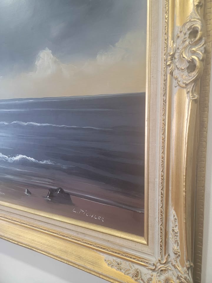 Vintage L. Pichler Seascape – Large Original Oil Painting in Orn - photo 3
