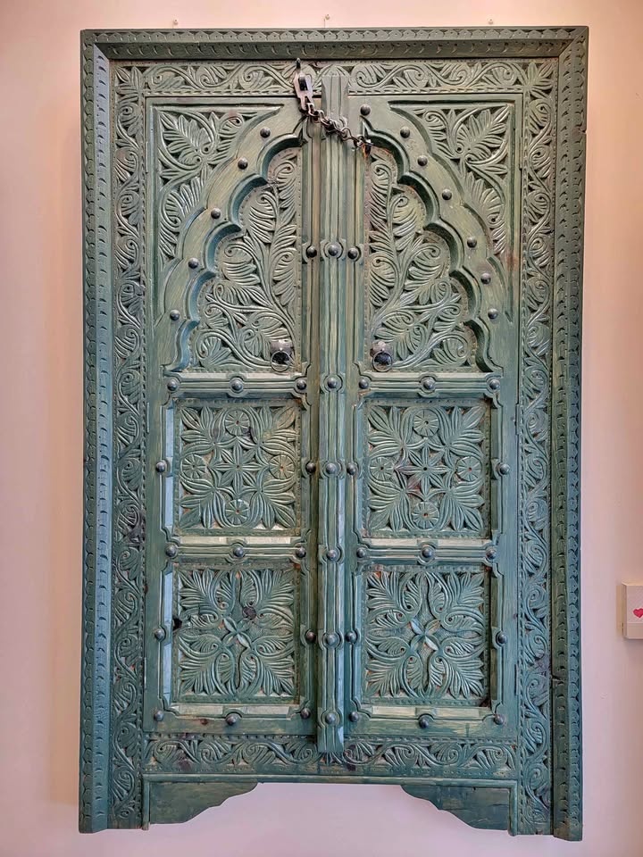 5.5 ft Hand Carved Wood Decorative Panel Doors Teal Green (Moghu