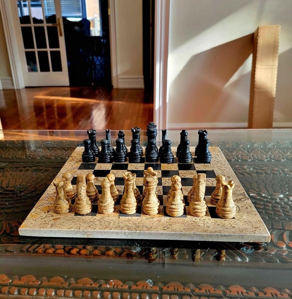 Hand-Carved Fossil Stone & Black Marble Chess Set (Never used) 1