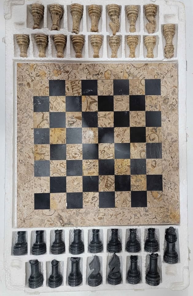 Hand-Carved Fossil Stone & Black Marble Chess Set (Never used) 1 - photo 2