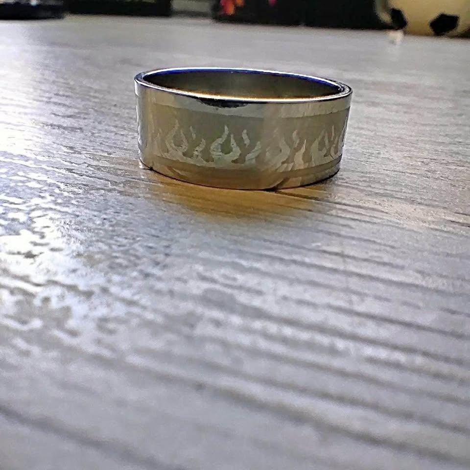 Flame themed silver stainless steel ring