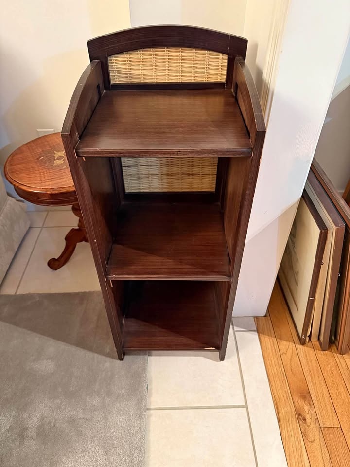 Estate Sale - Vintage Dark Wood Accent Stand with Rattan Inlay