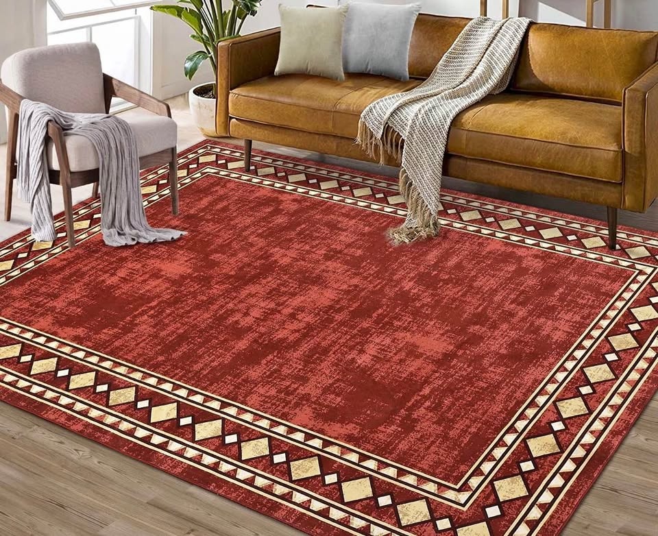 Hasoo Washable Area Rug 4' x 6' Bordered Rug for Living Room