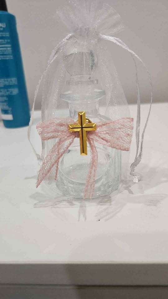 Mini Glass Bottle Favors w/ Cross Charms & Ribbons