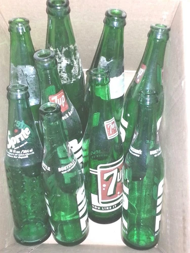 9 Vintage Coca-Cola Soda Pop Glass Bottles - Sprite, 7UP, Fresca