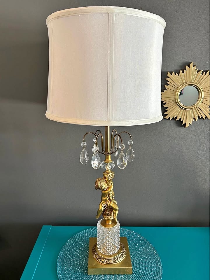 Elegant Gold Cherub Crystal Table Lamp with Drum Shade