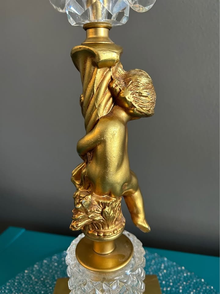 Elegant Gold Cherub Crystal Table Lamp with Drum Shade - photo 5