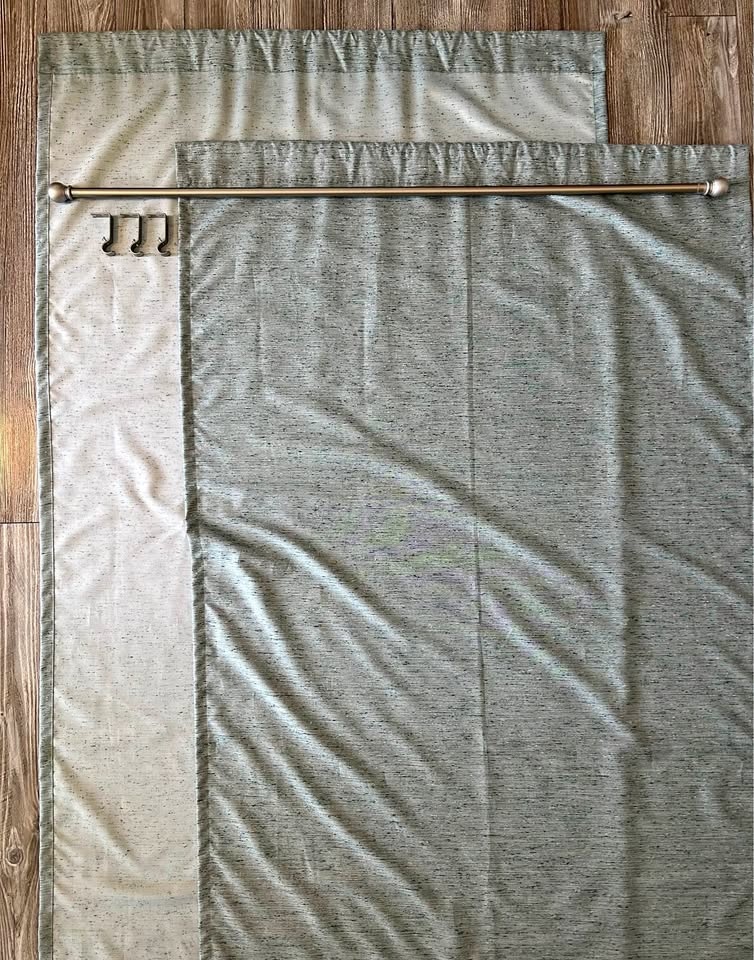 2 Light Teal Rod Pocket Curtain Panels w/ Rod & Brackets