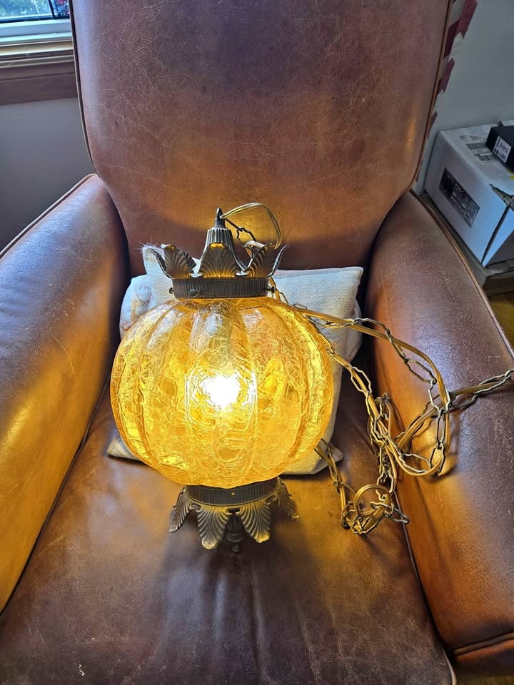 Vintage Amber Crackle Glass Swag Lamp - Large