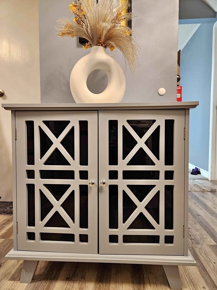 Grey Accent Storage Cabinet Sideboard Fretwork Doors