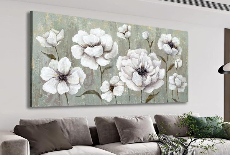 White Floral Canvas Art - 73.5x147cm