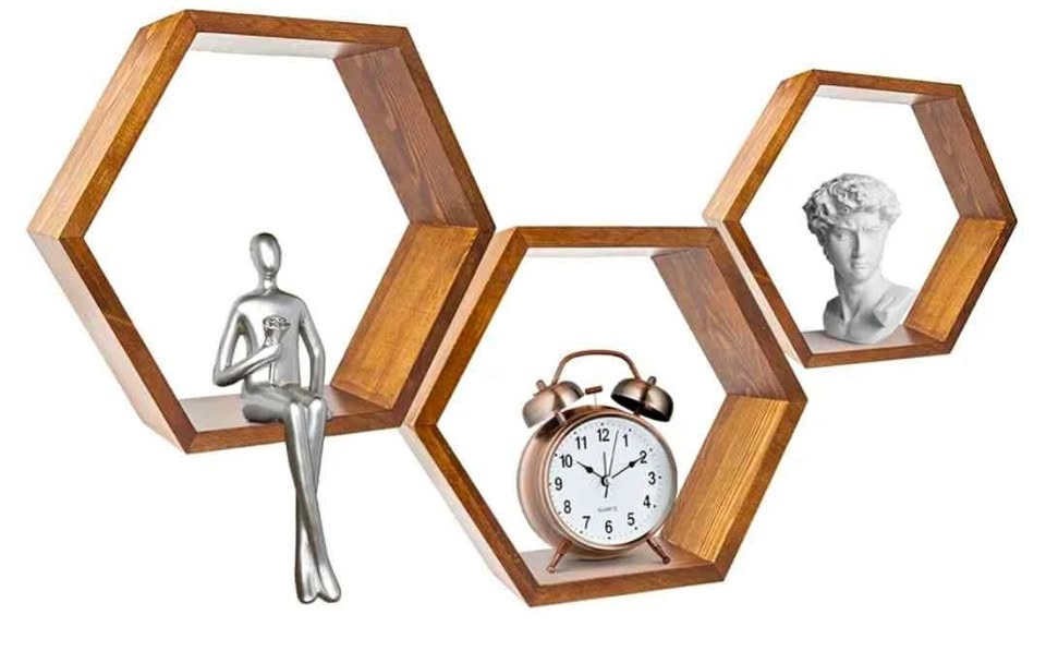 Brand new 3 pcs wooden hexagonal honeycomb decorative shelves wi