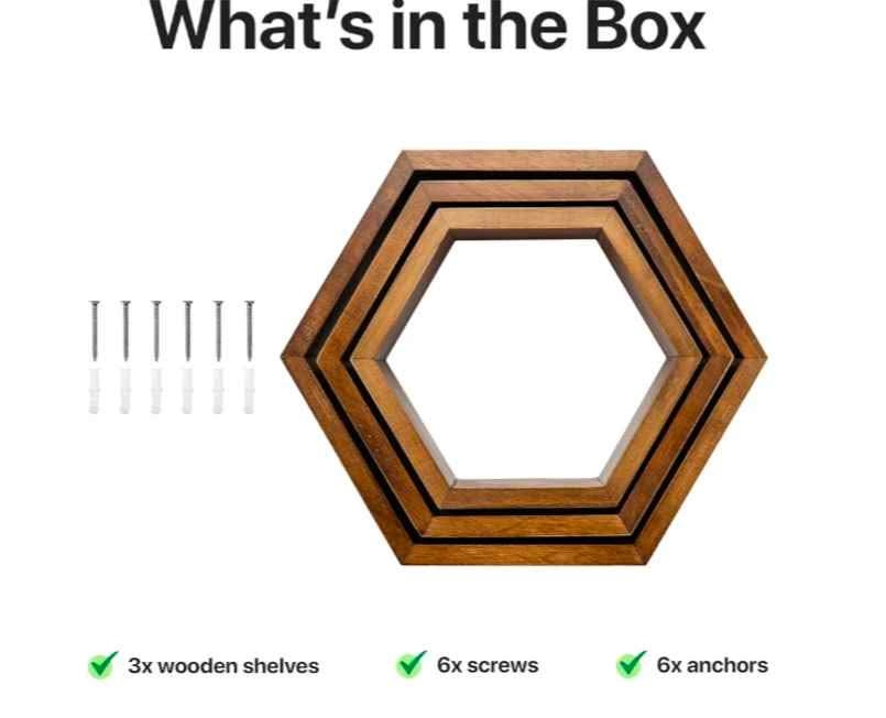 Brand new 3 pcs wooden hexagonal honeycomb decorative shelves wi - photo 3