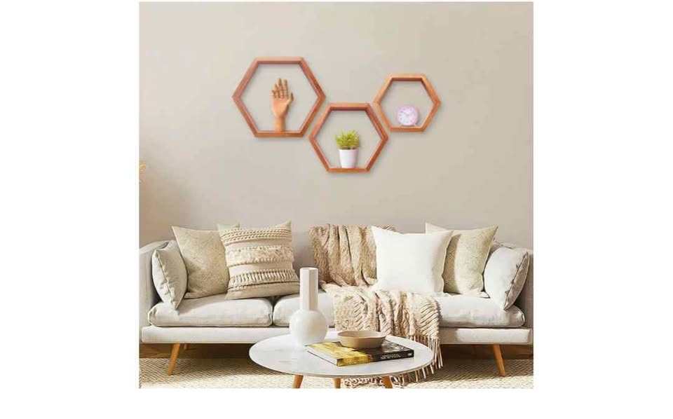 Brand new 3 pcs wooden hexagonal honeycomb decorative shelves wi - photo 4