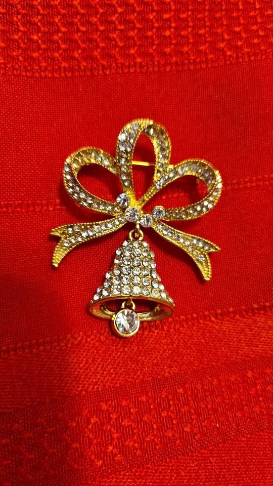 Gold-tone Rhinestone Bell and Bow Pin