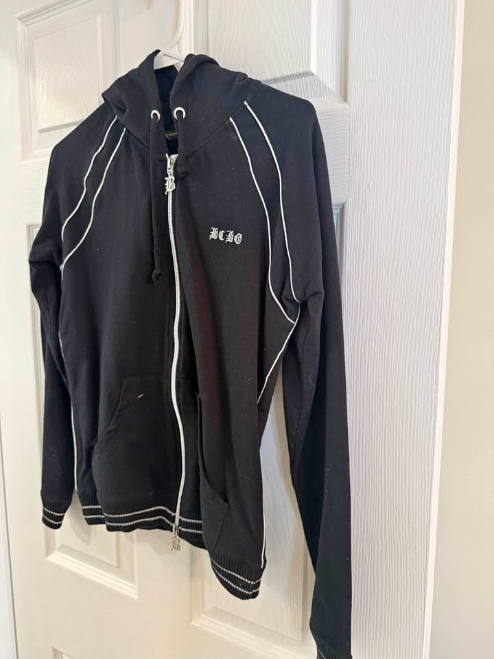 BCBG Black Zip Up Hoodie w White Piping