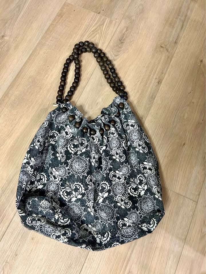 Patterned Tote Bag with Wooden Handles
