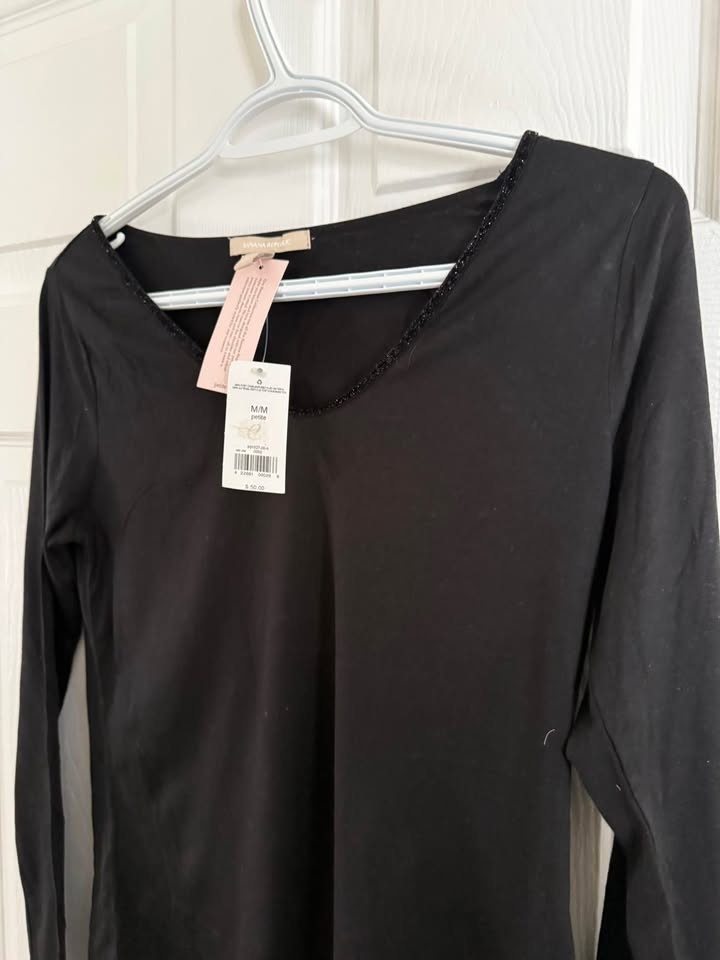 Banana Republic Black Long Sleeve Beaded V-Neck Top M/M Petite - photo 3