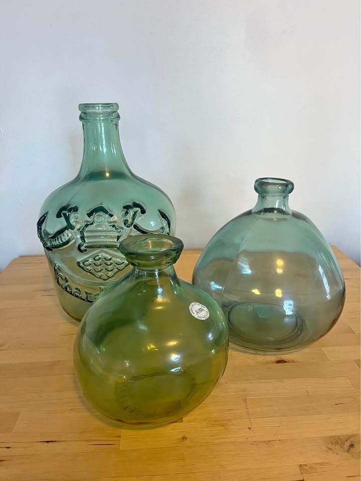 3 Green Glass Jugs/Vases
