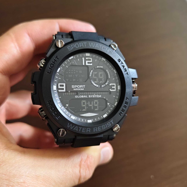 Classic Rugged Black Sport Watch with rubber strap