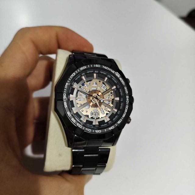 Stylish Full Metal Men’s Watch – Black & Gold Skeleton Design - photo 2