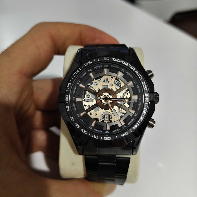 Stylish Full Metal Men’s Watch – Black & Gold Skeleton Design - photo 3