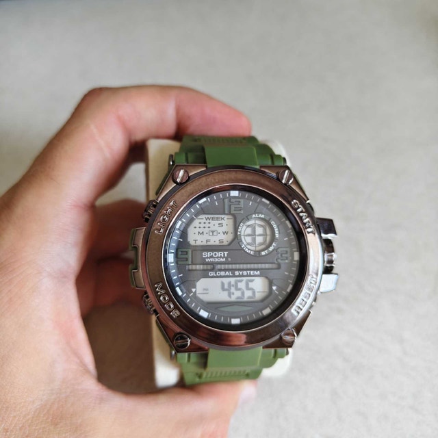Big Rugged Protected Watch with Green Rubber Strap