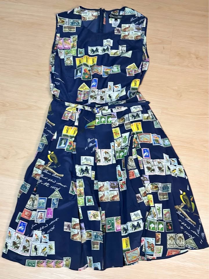 Oscar de la Renta Navy Stamp Print Sleeveless Midi Dress Size 10