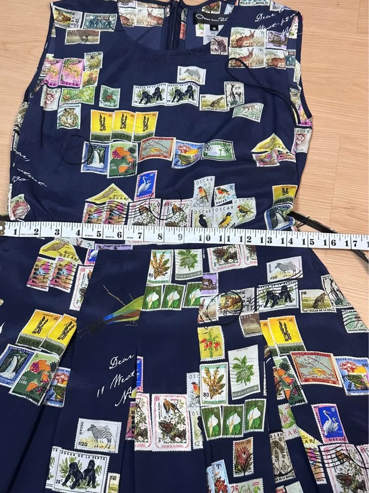 Oscar de la Renta Navy Stamp Print Sleeveless Midi Dress Size 10 - photo 3