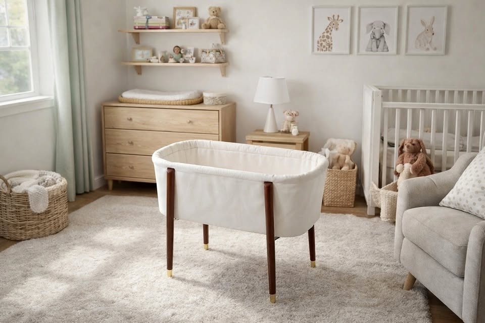 Modern White Bassinet – Stylish Nursery Piece – Excellent Condit