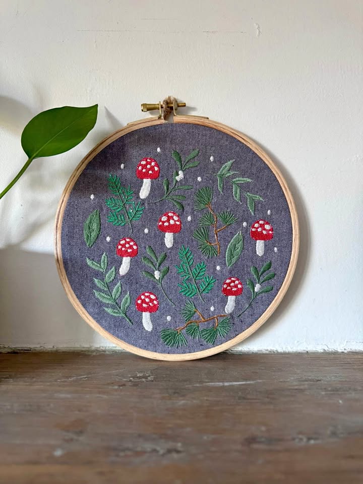Handmade Mushroom Embroidery Hoop Wall Art – 8.5”