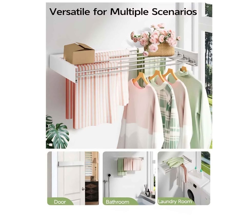 Drying Rack Clothing Collapsible, Towel Rack with Wall Template, - photo 2
