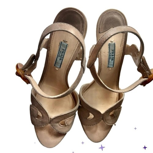 Prada Vintage Suede Tan Platform Heels with Tortoise Buckle Size - photo 5
