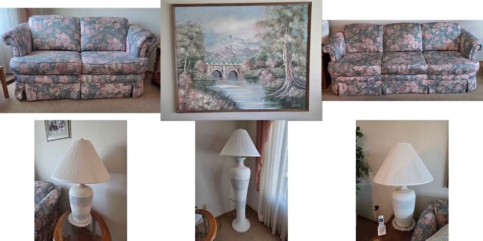 Floral Sofa Set, Lamps, and Large Landscape Painting