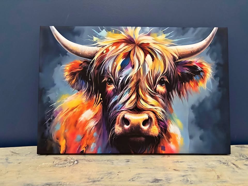 Colourful Farmhouse Highland Cow Canvas - Ready to Hang