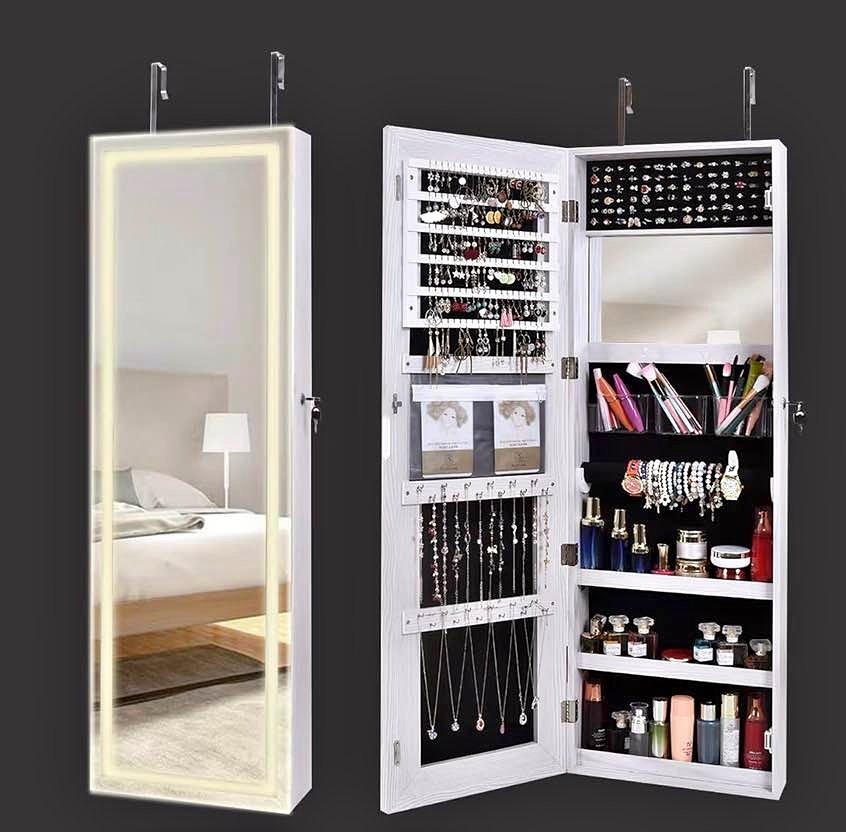 LED Lockable Floor Standing Wooden Jewelry Cabinet Mirror