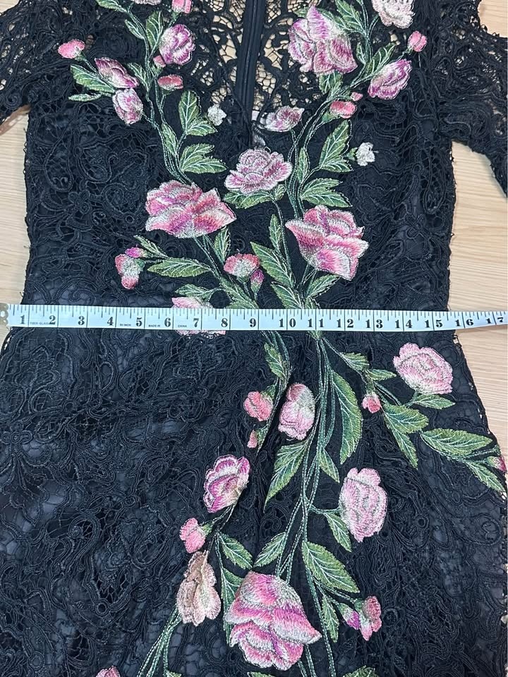 Marchesa Black Lace Floral Embroidered Long Sleeve Dress - photo 5