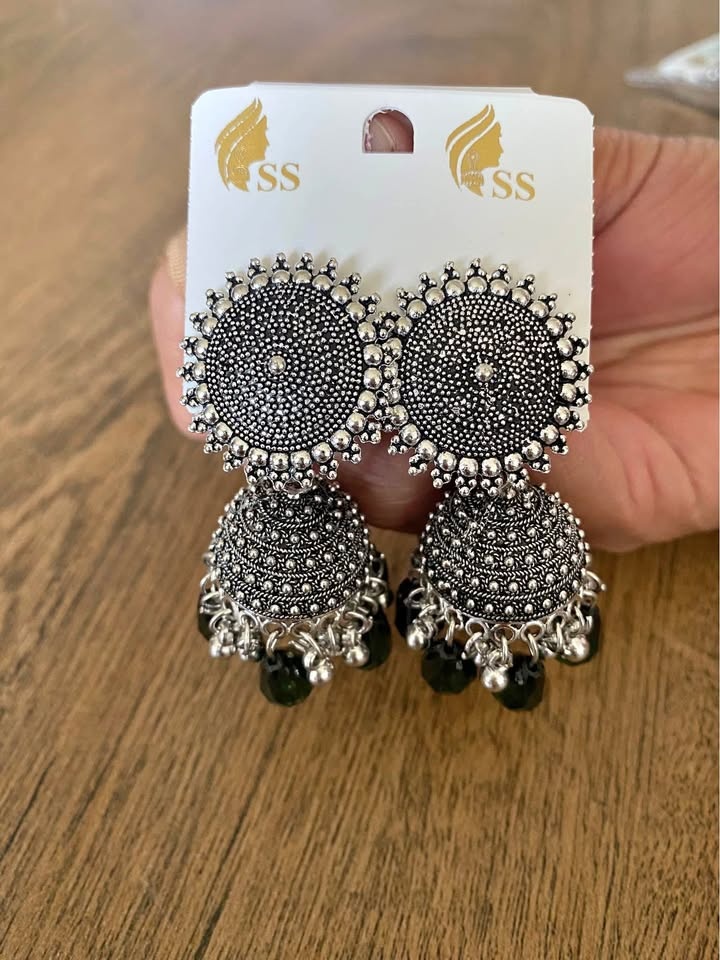 Oxidized Silver Tone Jhumka Earrings with Green Beads